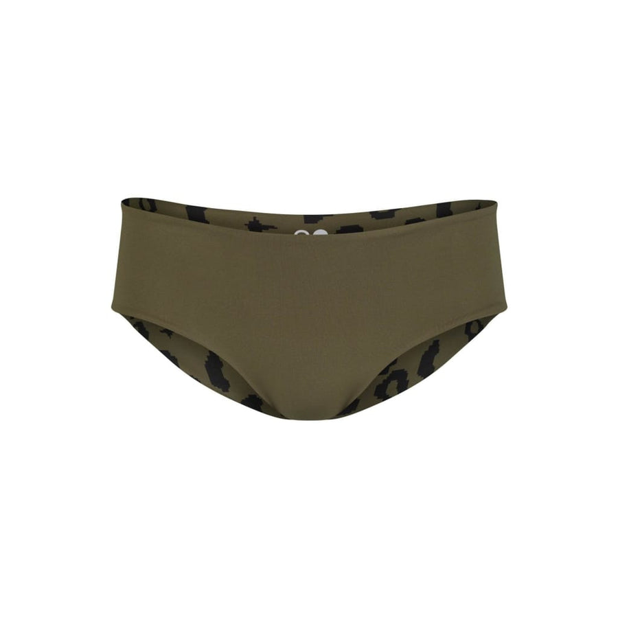 nachhaltige bikini bottom amami green leopard moss, sustainable swimwear, reversible swimwear